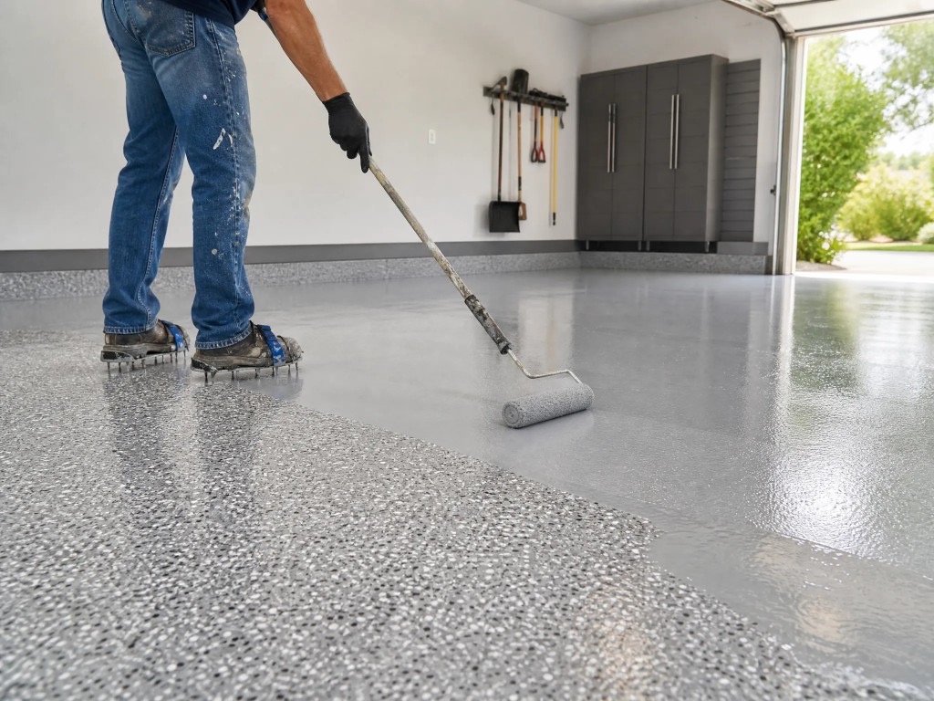 Contractor applying epoxy topcoat with a roller over decorative flake flooring in a Simi Valley garage