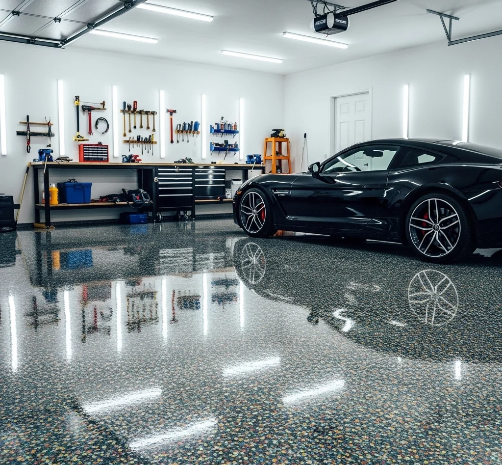 High-gloss polyurea garage floor coating with decorative flake finish in Simi Valley, CA